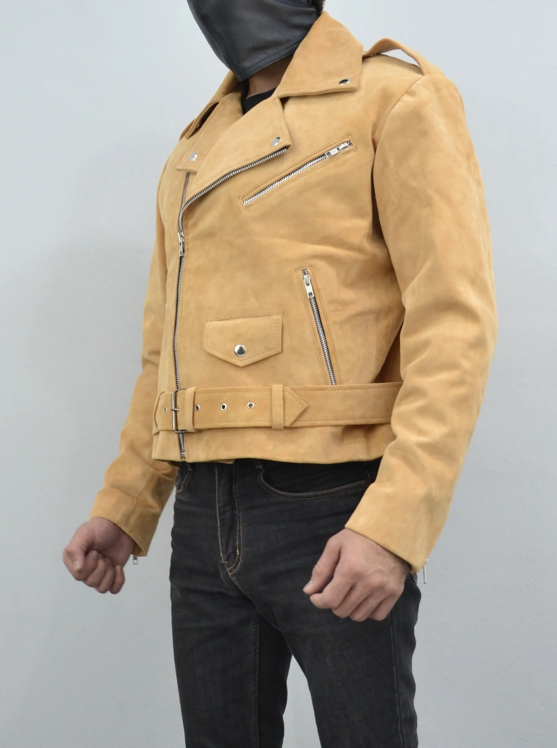 Men's Beige Motorcycle Belted Real Suede Leather Biker Jacket