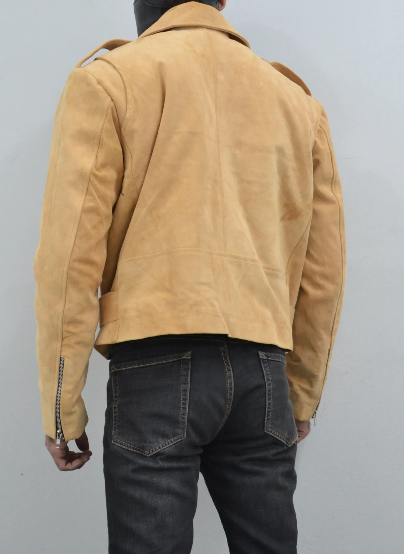 Men's Beige Motorcycle Belted Real Suede Leather Biker Jacket