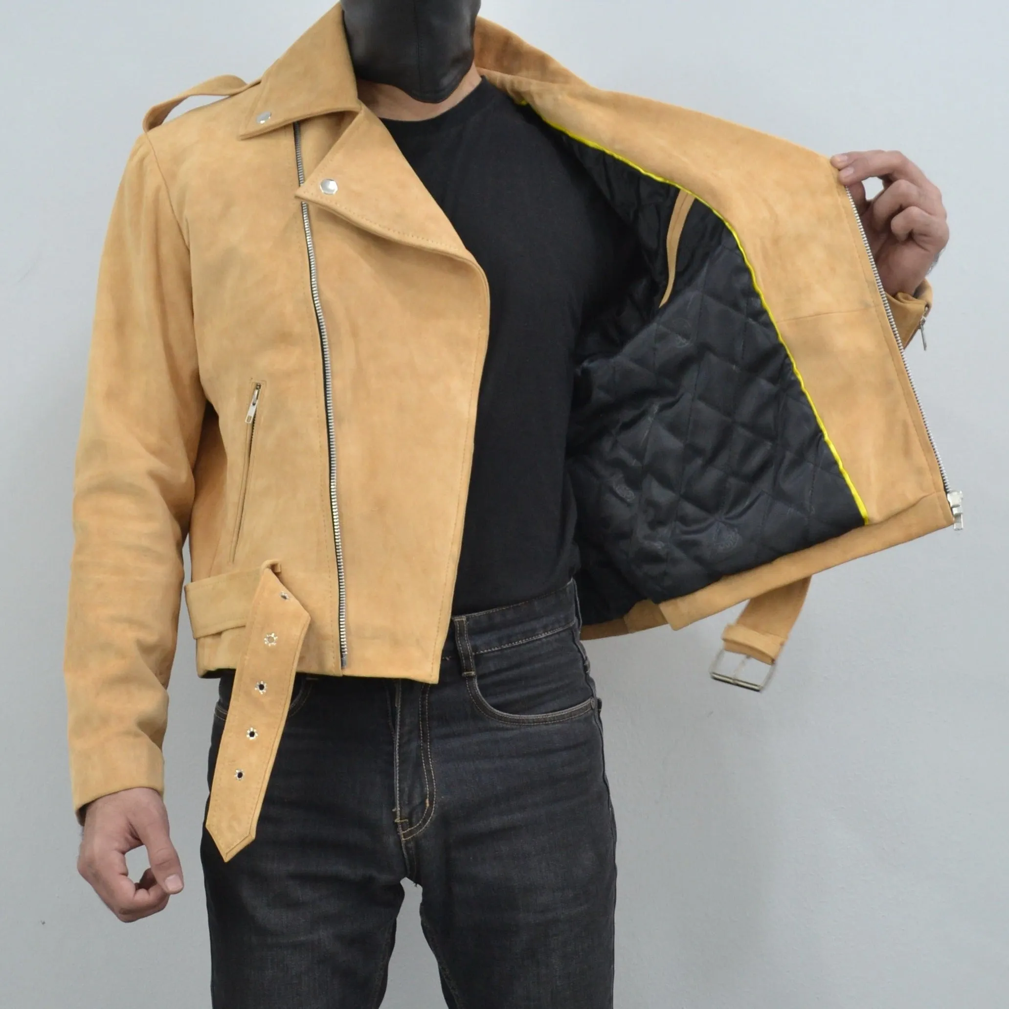 Men's Beige Motorcycle Belted Real Suede Leather Biker Jacket