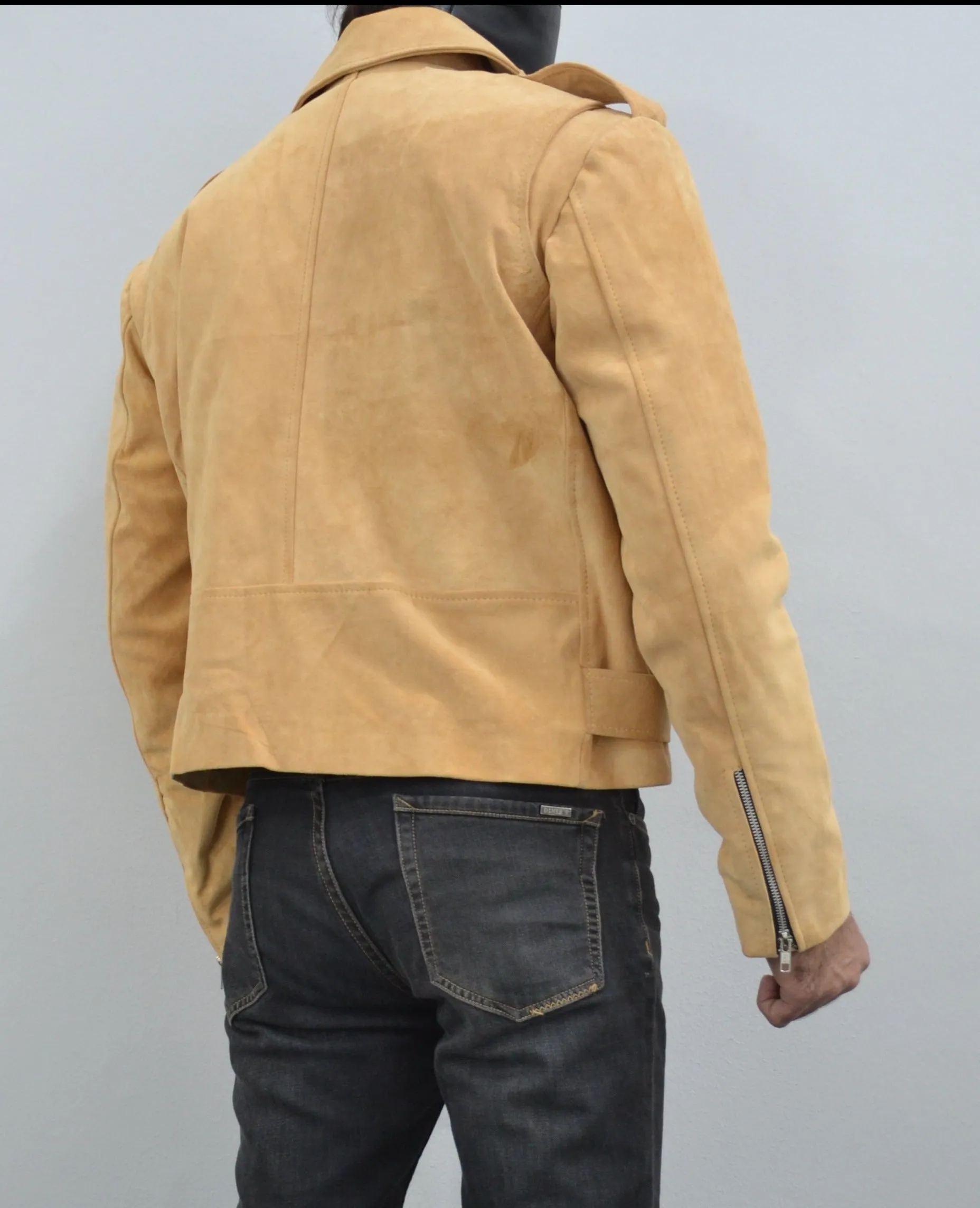 Men's Beige Motorcycle Belted Real Suede Leather Biker Jacket