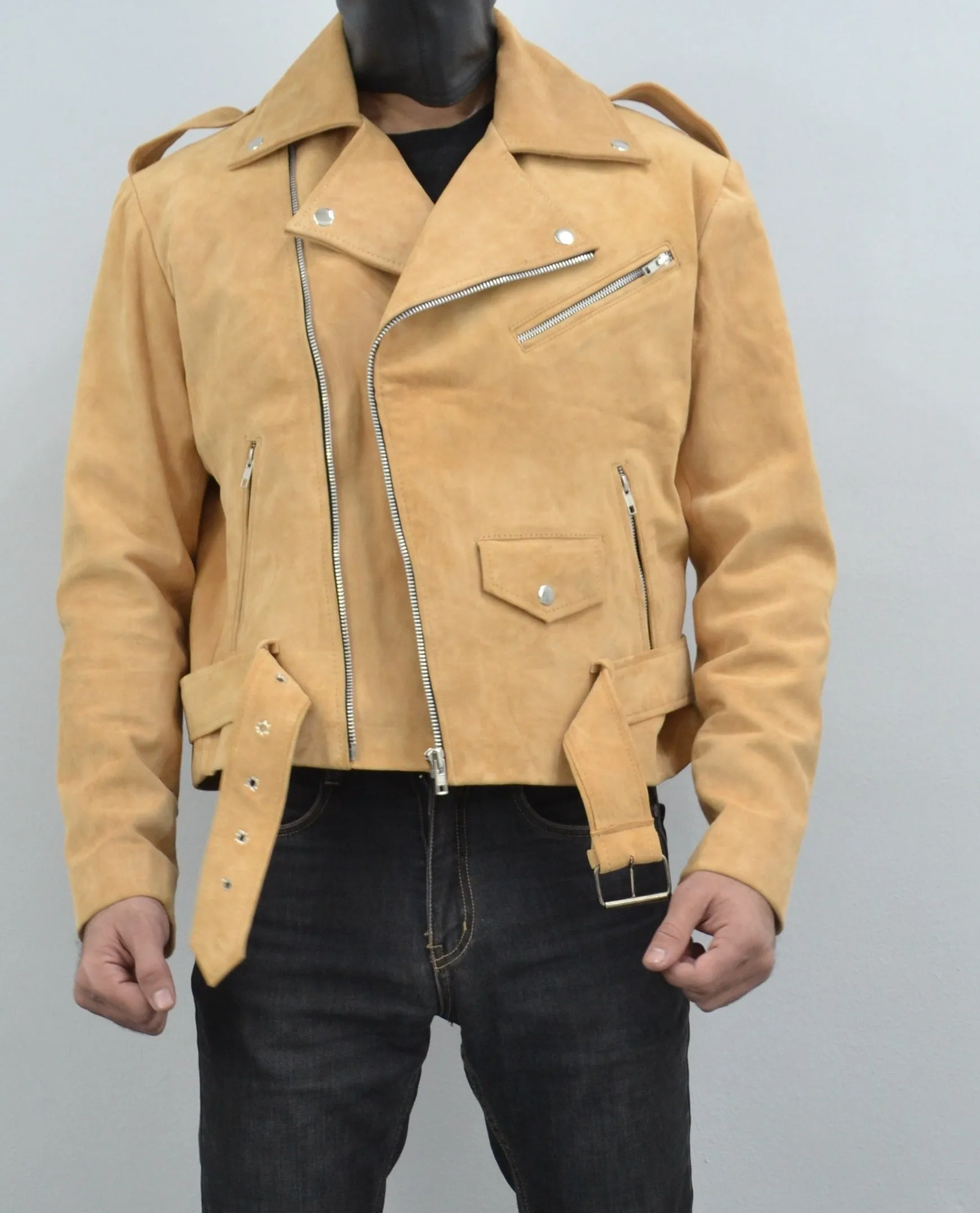 Men's Beige Motorcycle Belted Real Suede Leather Biker Jacket