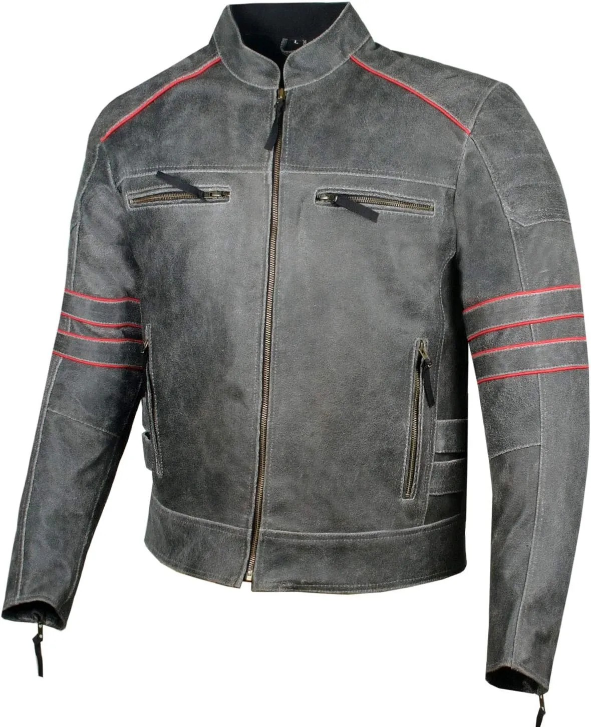 Mens Brotherhood Leather Motorcycle Jacket Classic Vintage Distressed - Biker Style, CE Armor Protection, Removable Liner, Ventilated L