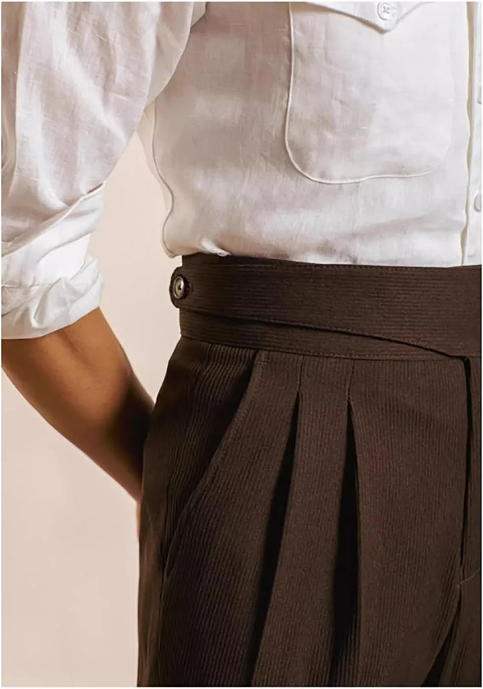 Men's Corduroy Pants Slim Fit High Waisted Pant Retro Texture Trousers Formal Business Casual Pleated Dress Pant