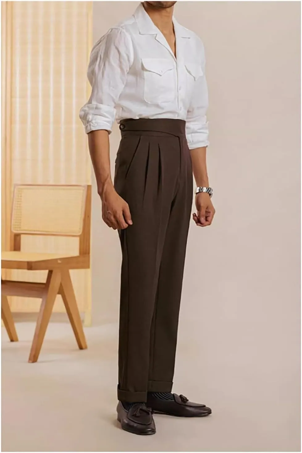 Men's Corduroy Pants Slim Fit High Waisted Pant Retro Texture Trousers Formal Business Casual Pleated Dress Pant