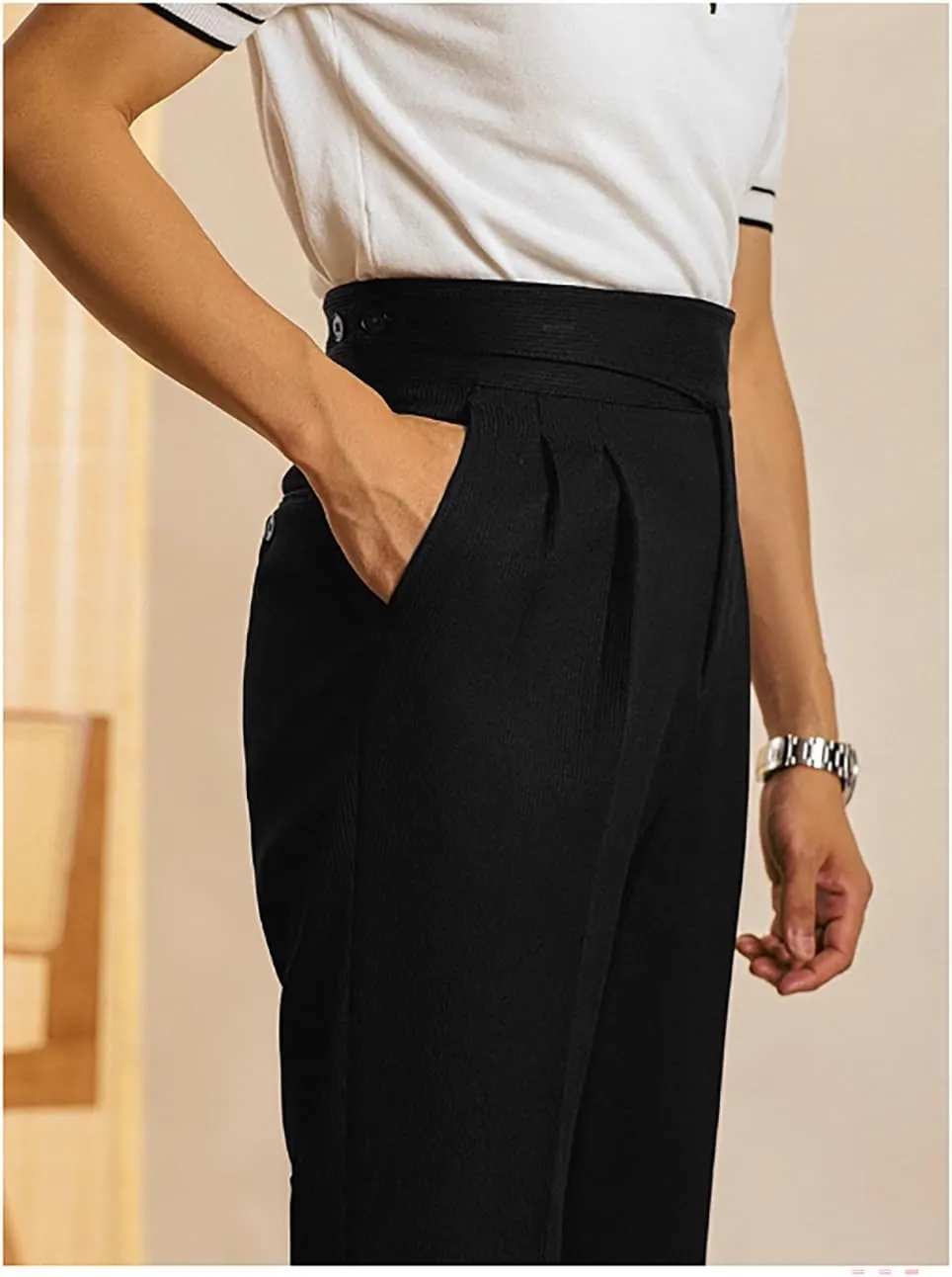 Men's Corduroy Pants Slim Fit High Waisted Pant Retro Texture Trousers Formal Business Casual Pleated Dress Pant