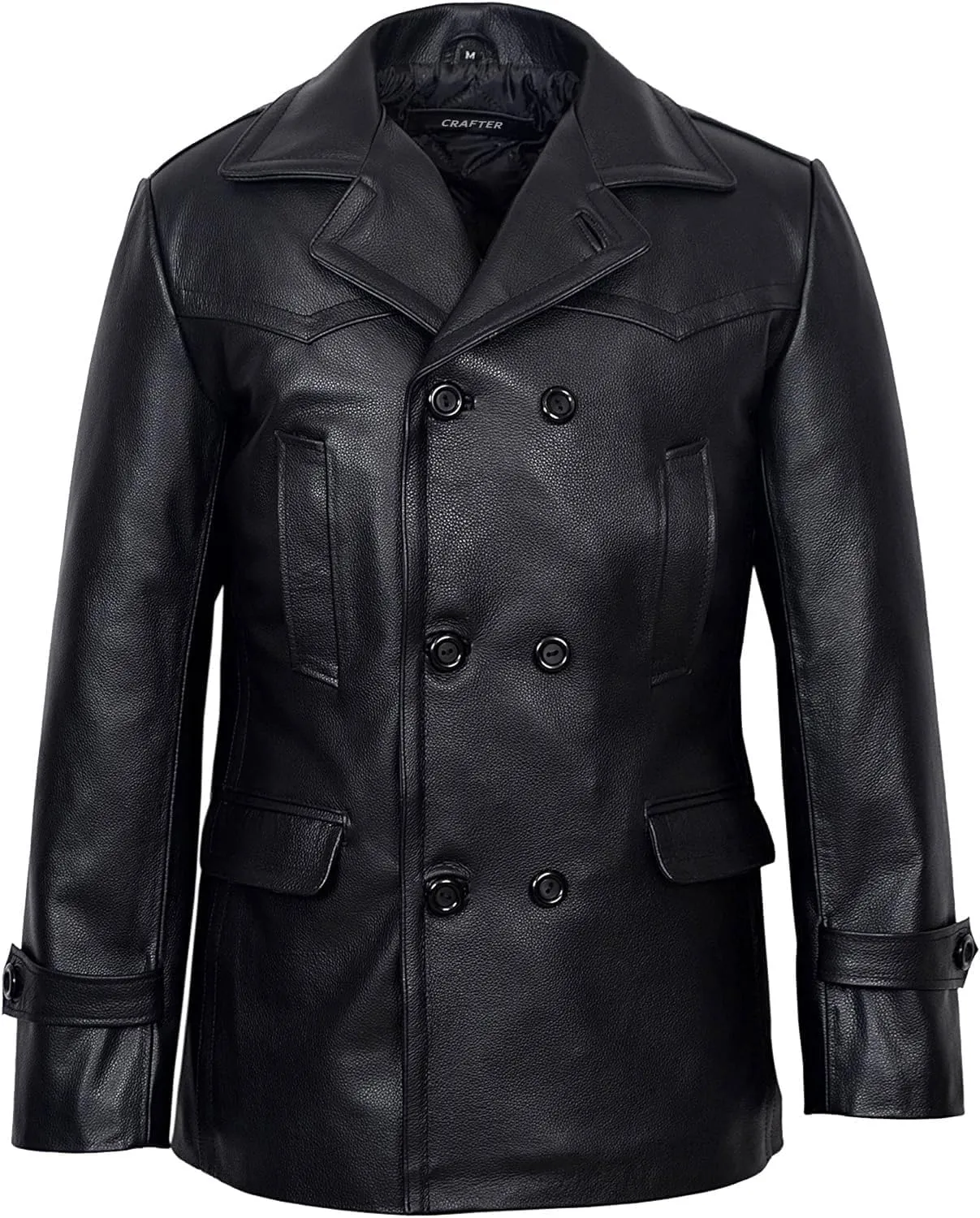 Men's Kriegsmarine German Ww2 Dr Who Reefer Hide Leather Jacket Coat Four Button Leather Car Coat - Pea Coat for Mens