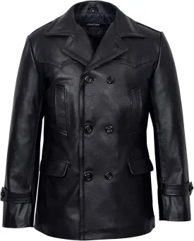 Men's Kriegsmarine German Ww2 Dr Who Reefer Hide Leather Jacket Coat Four Button Leather Car Coat - Pea Coat for Mens