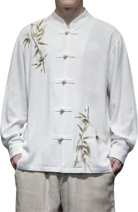 Men's Spring Autumn Retro Chinese Style Linen Frog Button Embroidered Patchwork Long Sleeve Shirt