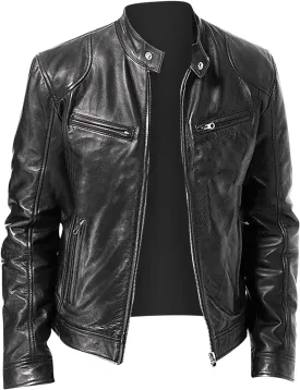 Mens Vintage Leather Casual Jackets Full Zipper Stand Collar Flight Faux Leather Coats Motorcycle Biker Outerwear