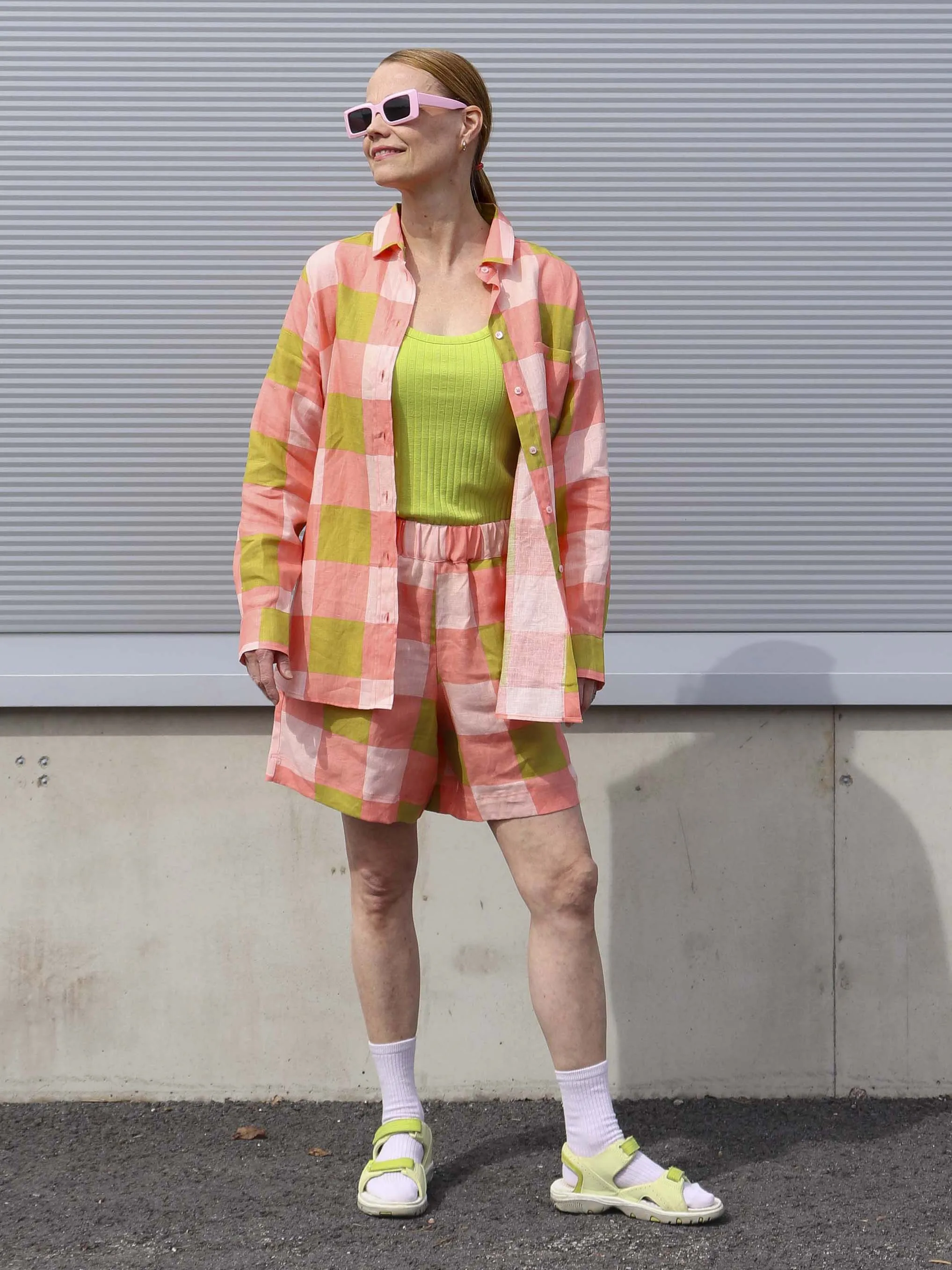Michel Linen Shorts Xadrez Rose