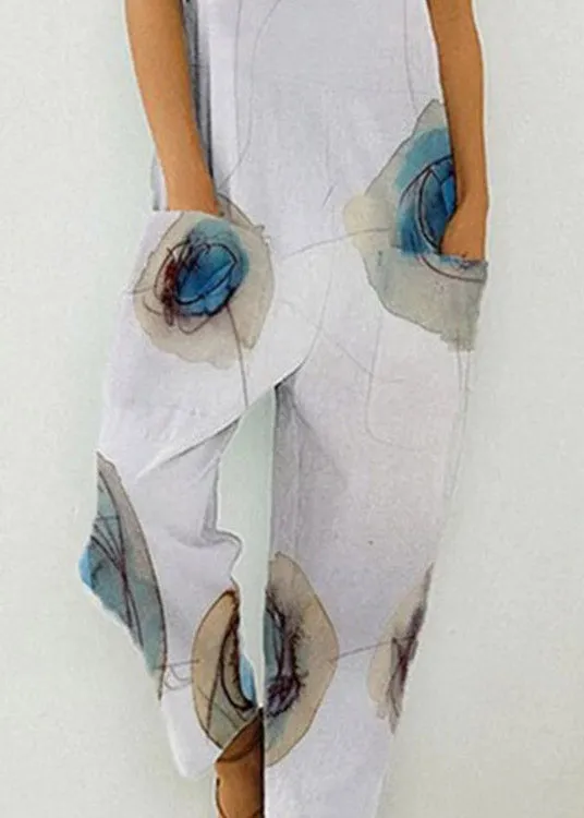 Modern Blue Slash Neck Print Overalls Jumpsuit Summer