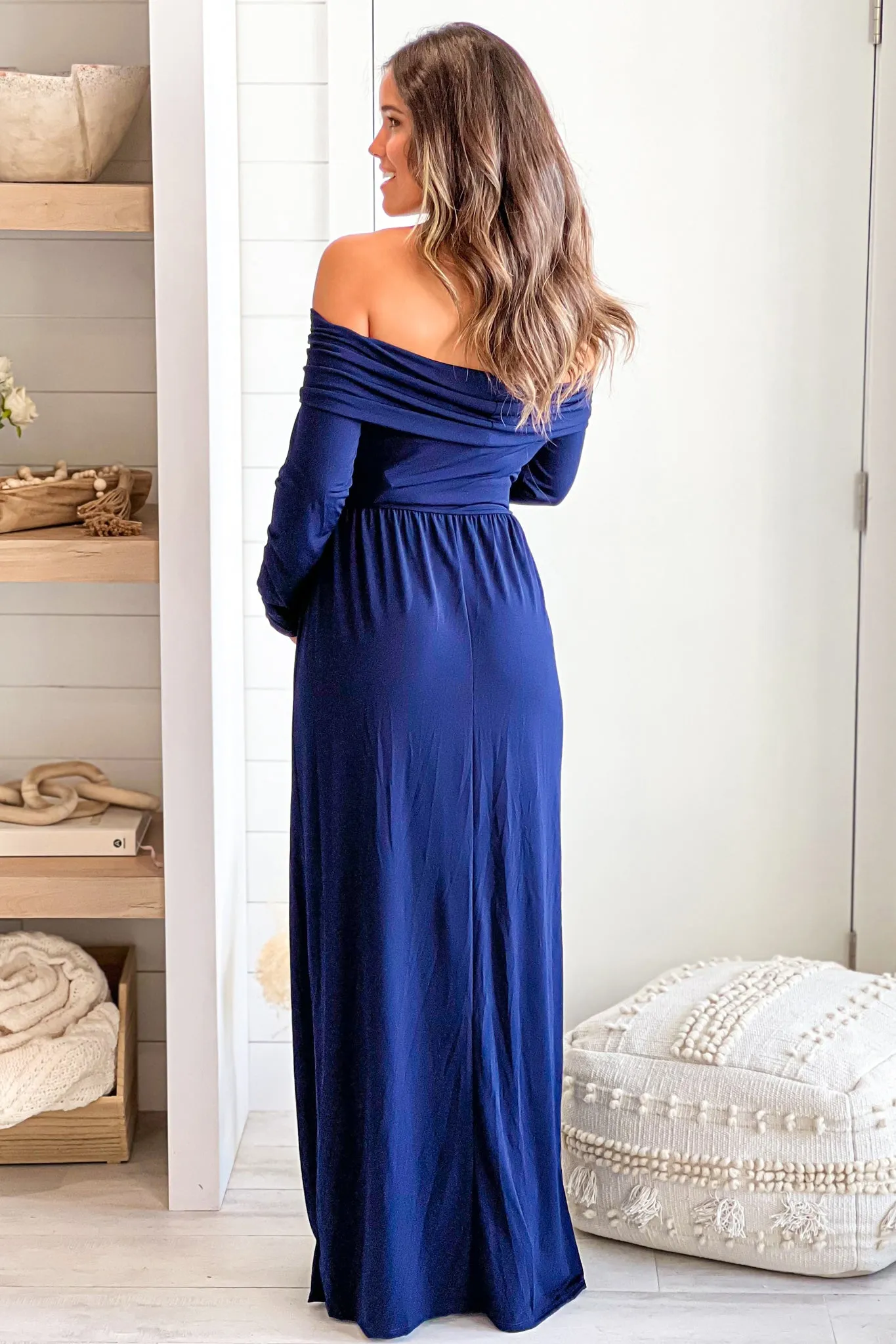 Navy Off Shoulder Maternity Maxi Dress With Long Sleeves