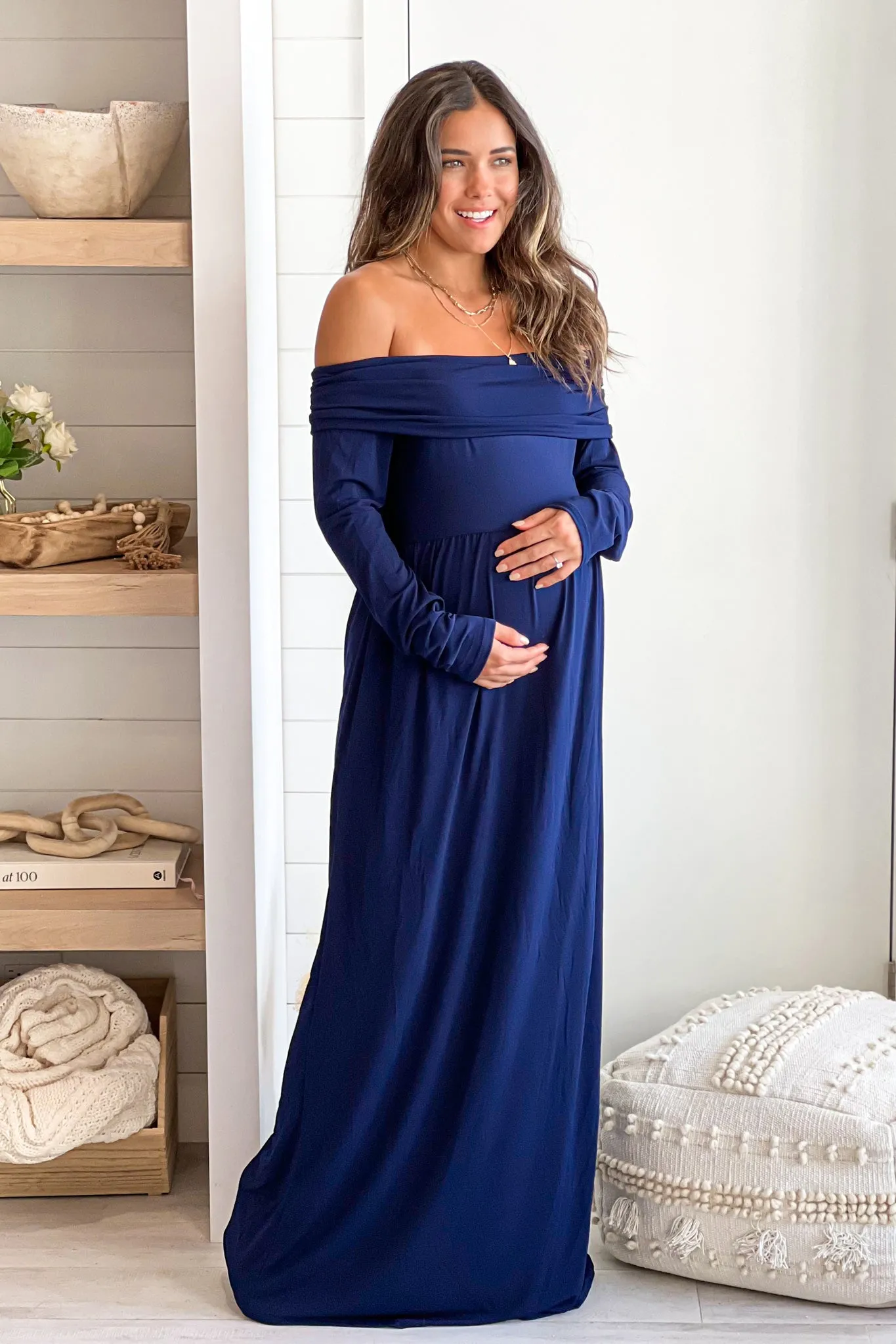 Navy Off Shoulder Maternity Maxi Dress With Long Sleeves