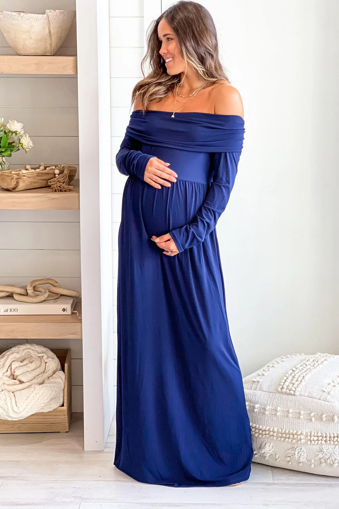 Navy Off Shoulder Maternity Maxi Dress With Long Sleeves