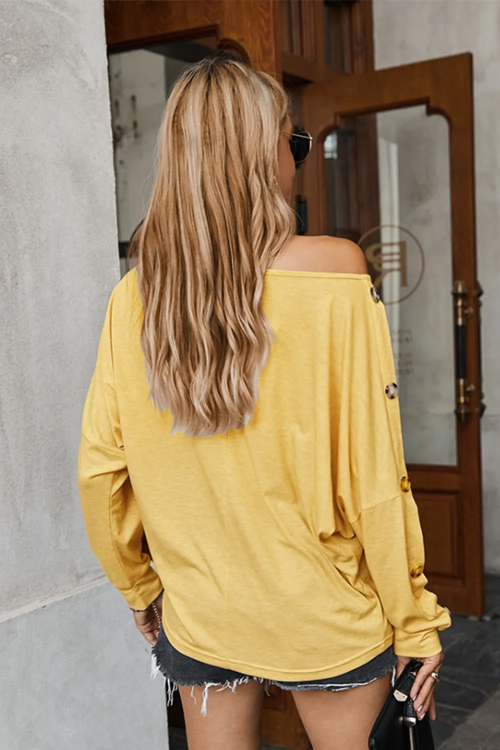 Off Shoulder Button Solid T-shirt