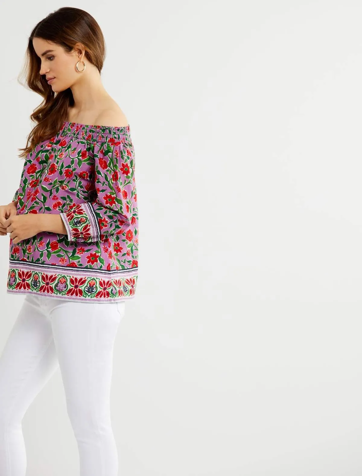 Off The Shoulder Maternity Shirt in Pink Floral