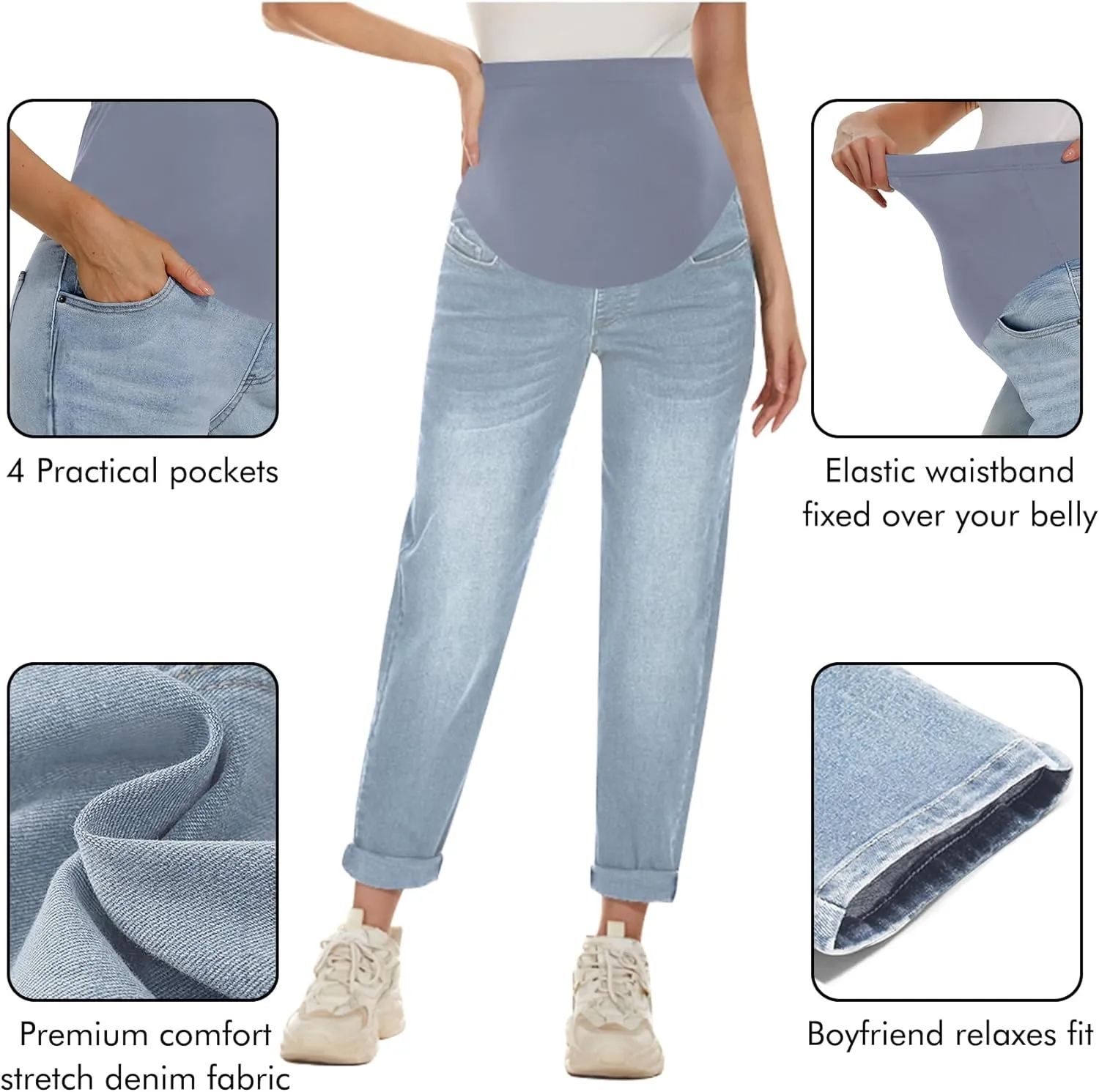 Peauty Maternity Jeans Over Belly Support Boyfriend Jeans Comfortable Stretch with Pockets Pregnancy-Pants