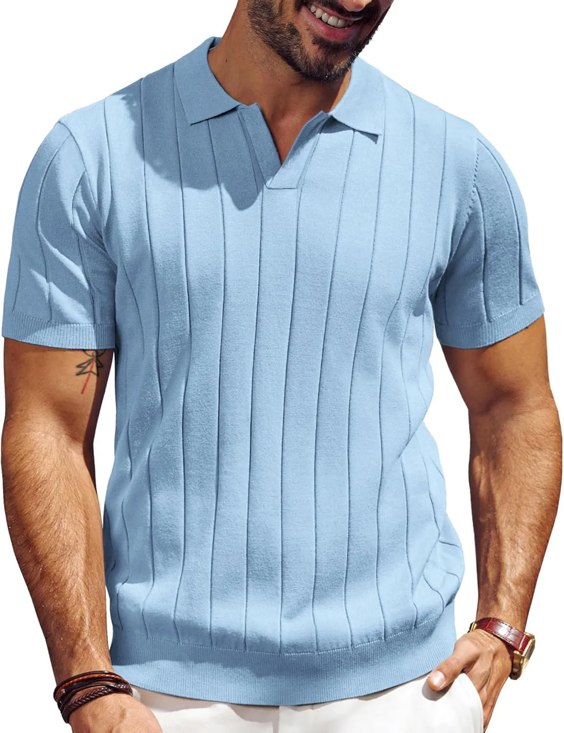 PJ PAUL JONES Men's Polo Shirt V Neck Texture Shirt Short Sleeve Casual Knit Polos