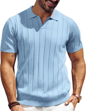 PJ PAUL JONES Men's Polo Shirt V Neck Texture Shirt Short Sleeve Casual Knit Polos