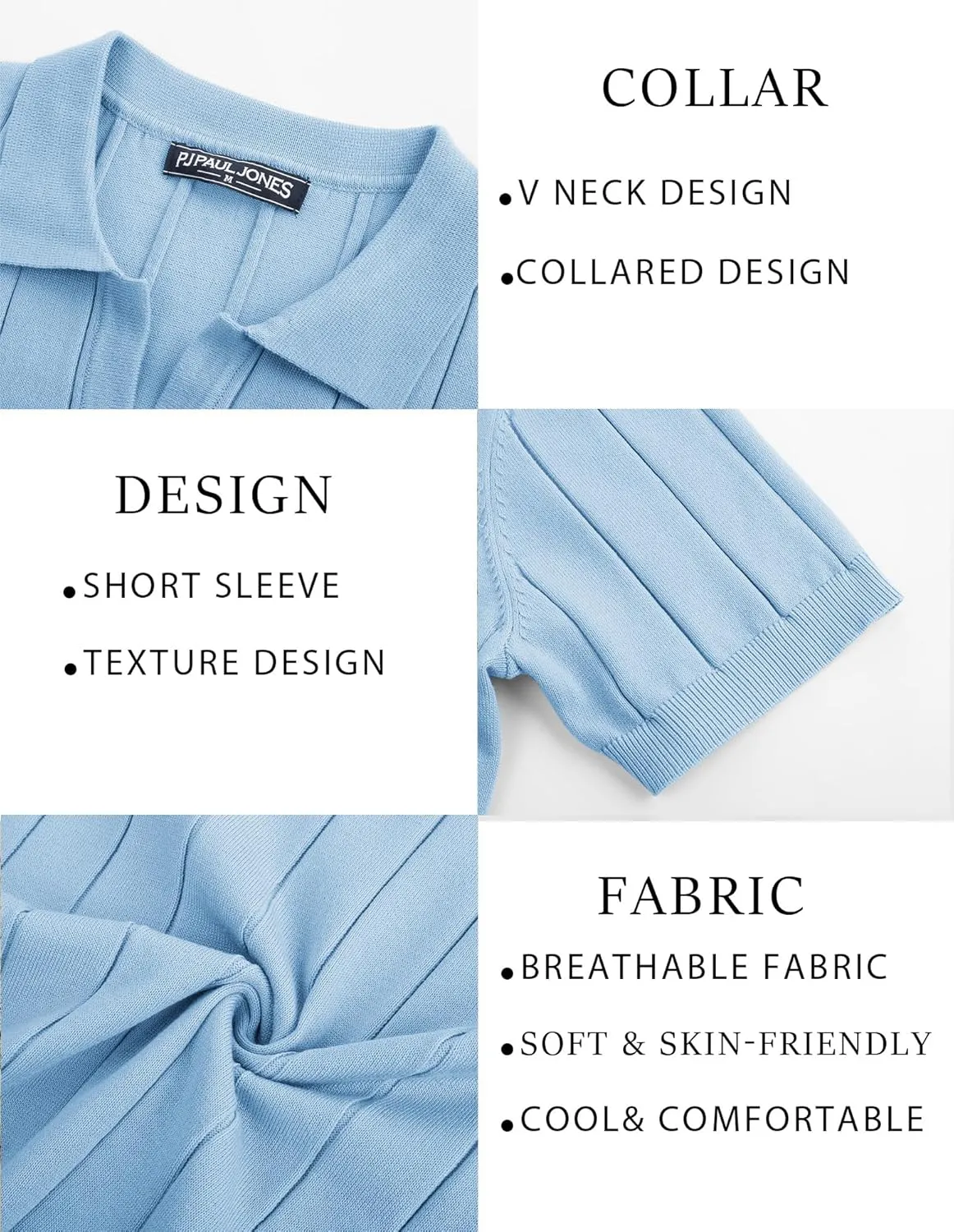 PJ PAUL JONES Men's Polo Shirt V Neck Texture Shirt Short Sleeve Casual Knit Polos
