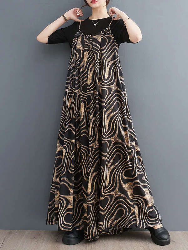 Printed Loose Wide Leg Spaghetti-Neck Overalls