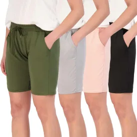 Real Essentials 4 Pack: Women's Dry-Fit Athletic 7" Bermuda Long High Waisted Running Shorts (Available in Plus Size)