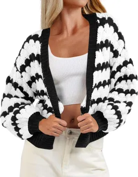 Saodimallsu Womens Cropped Cardigan Striped Open Front Long Lantern Sleeve Color Block Loose Chunky Knit Sweater Coat