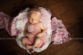SET Pink Mohair Overalls Pants and Lace Pearl Headband