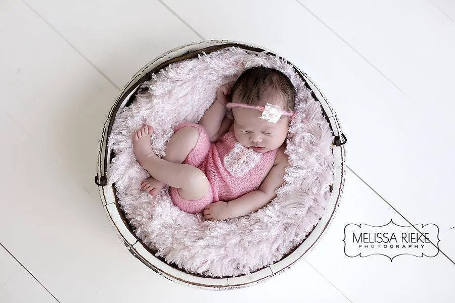 SET Pink Mohair Overalls Pants and Lace Pearl Headband