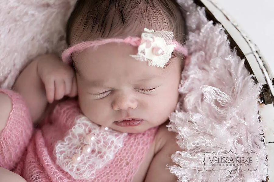 SET Pink Mohair Overalls Pants and Lace Pearl Headband