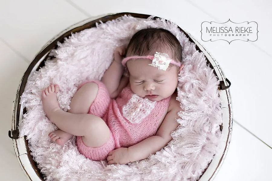 SET Pink Mohair Overalls Pants and Lace Pearl Headband