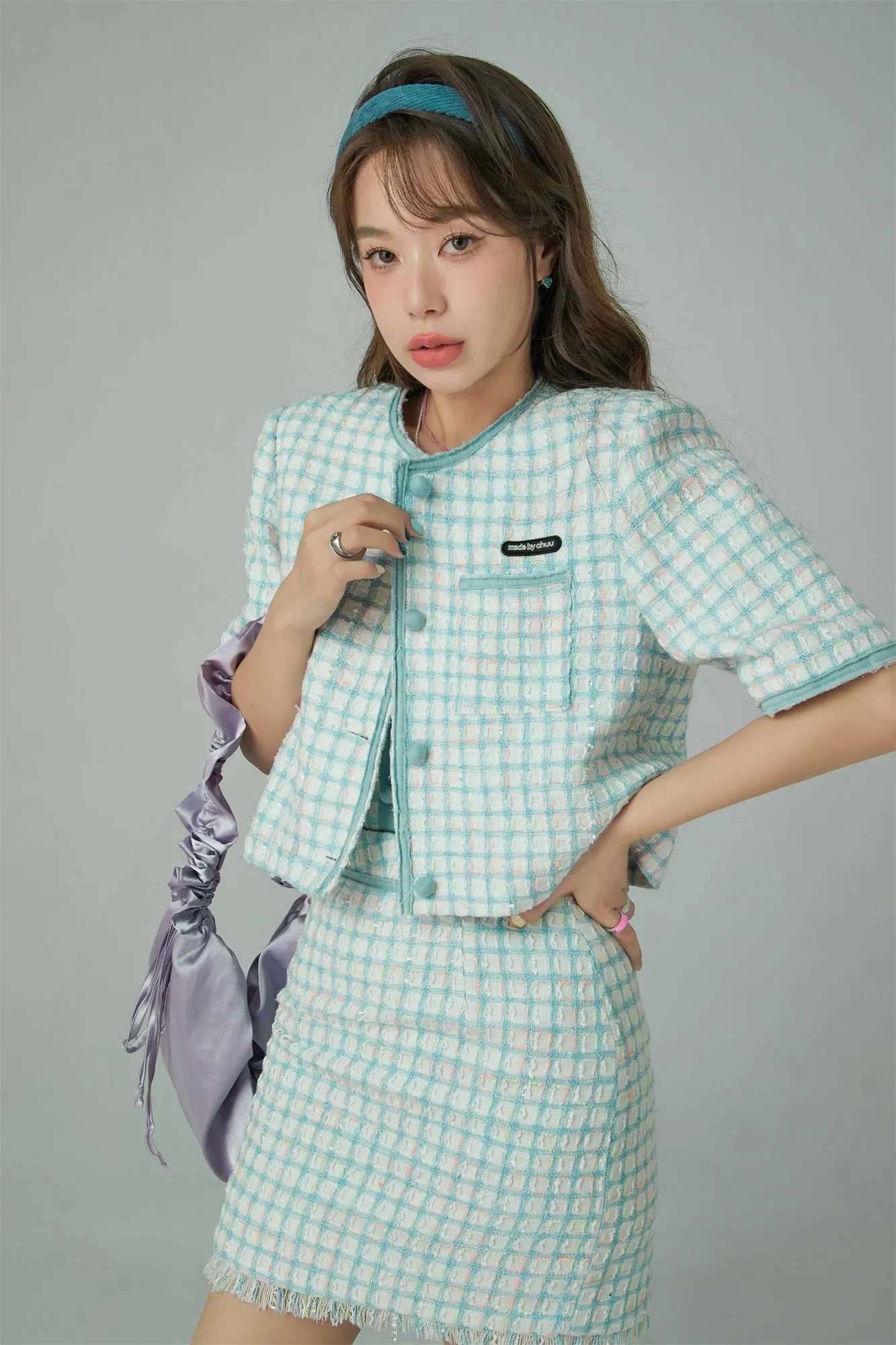 Short Sleeve Check Tweed Jacket