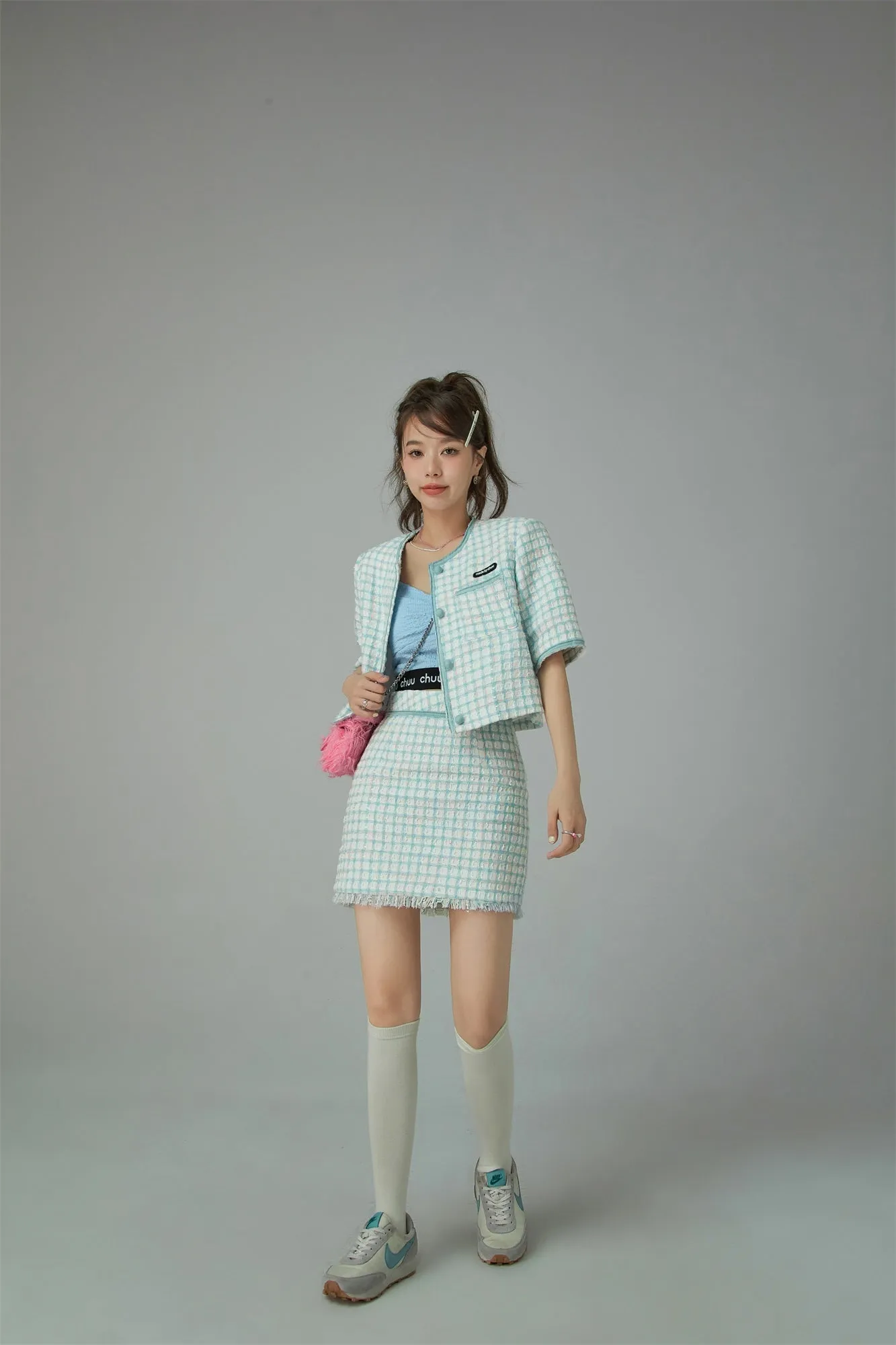 Short Sleeve Check Tweed Jacket
