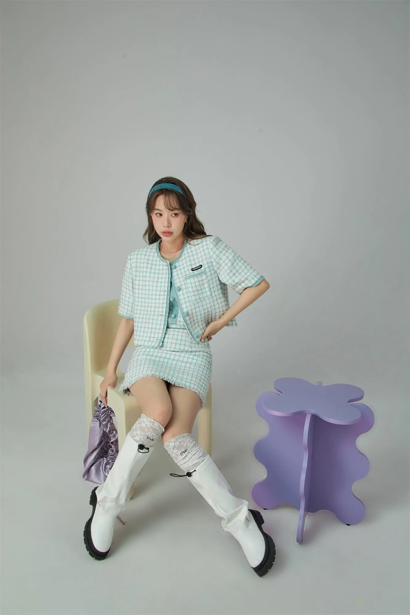 Short Sleeve Check Tweed Jacket