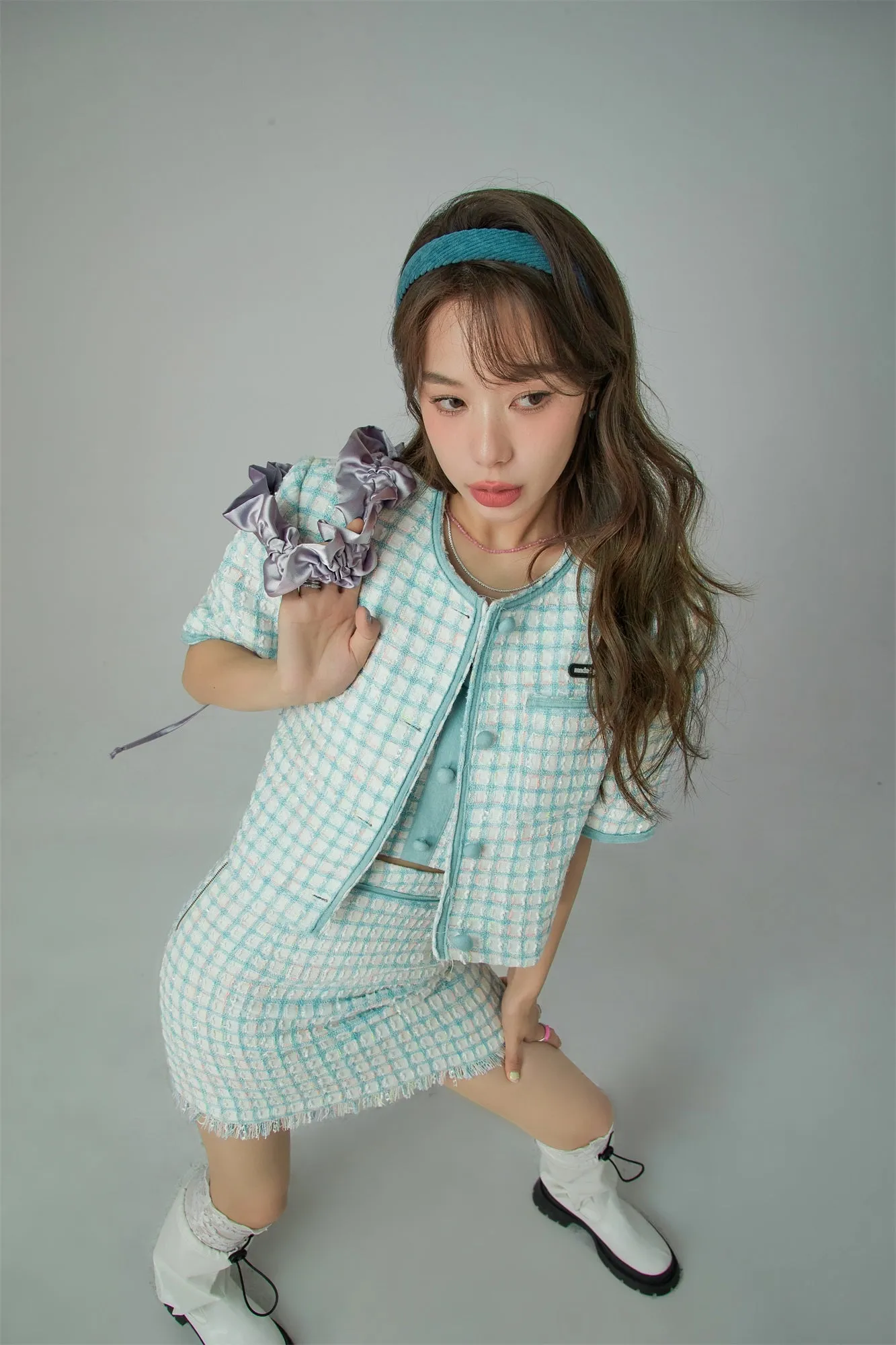 Short Sleeve Check Tweed Jacket