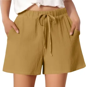 Shorts for Women 2025 Trendy Summer Elastic Beach Shorts with Pockets Linen Solid High Rise Travel Pants Loose Fashion