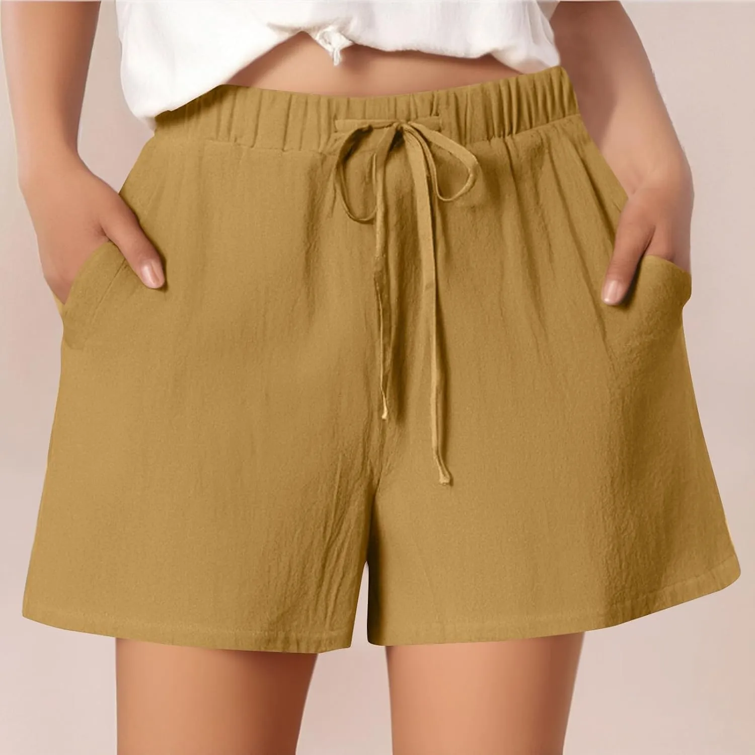 Shorts for Women 2025 Trendy Summer Elastic Beach Shorts with Pockets Linen Solid High Rise Travel Pants Loose Fashion