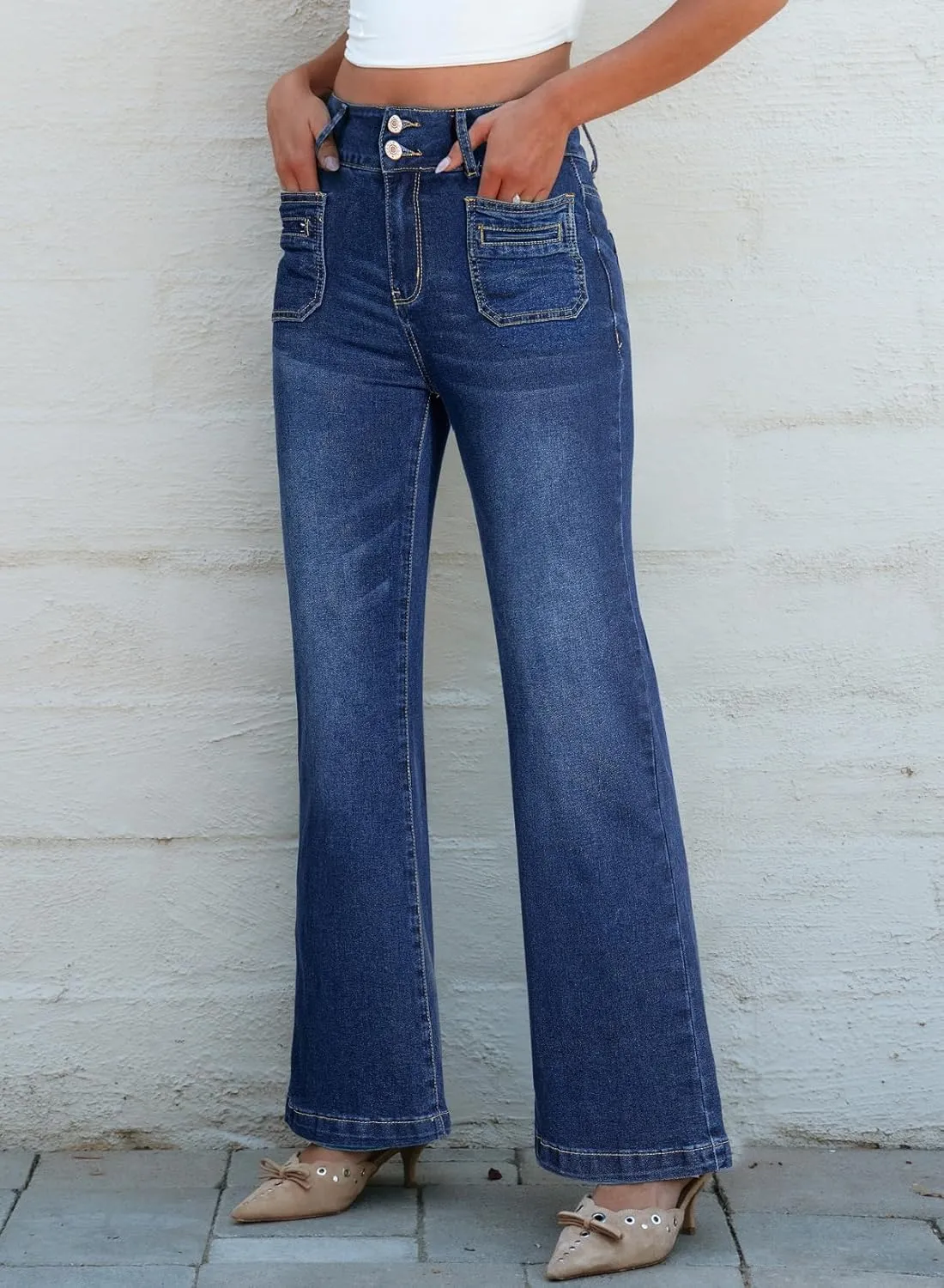 Sidefeel Women's Wide Leg Jeans High Waisted Tummy Control Stretchy Pockets Front Straight Leg Jeans