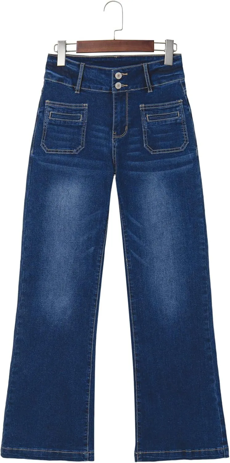 Sidefeel Women's Wide Leg Jeans High Waisted Tummy Control Stretchy Pockets Front Straight Leg Jeans