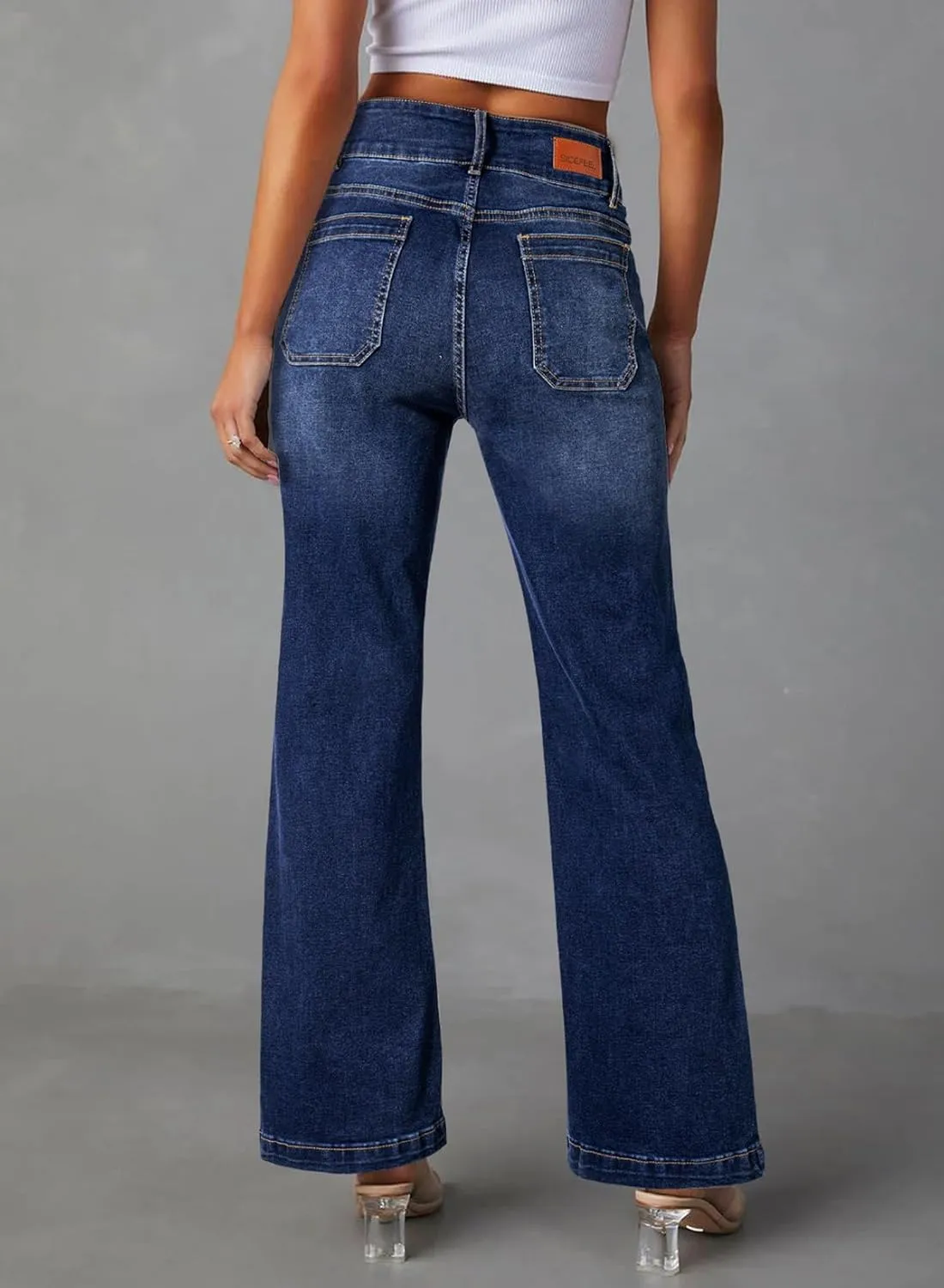 Sidefeel Women's Wide Leg Jeans High Waisted Tummy Control Stretchy Pockets Front Straight Leg Jeans