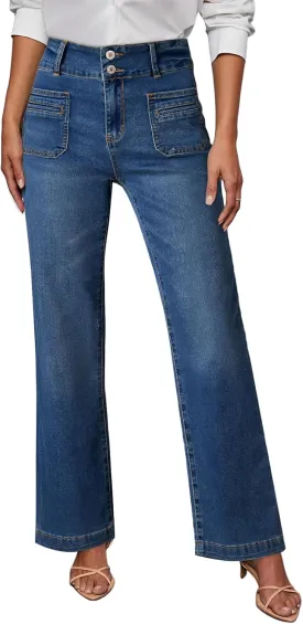 Sidefeel Women's Wide Leg Jeans High Waisted Tummy Control Stretchy Pockets Front Straight Leg Jeans