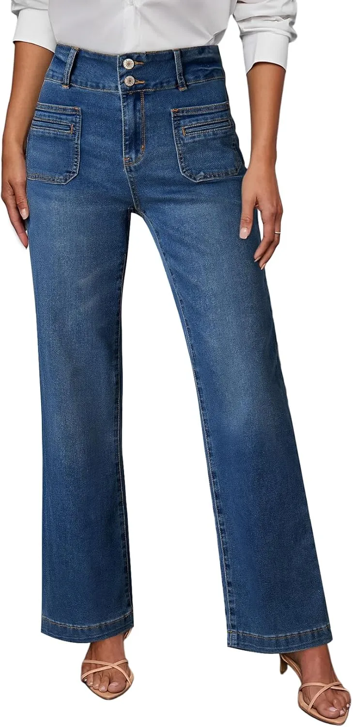 Sidefeel Women's Wide Leg Jeans High Waisted Tummy Control Stretchy Pockets Front Straight Leg Jeans