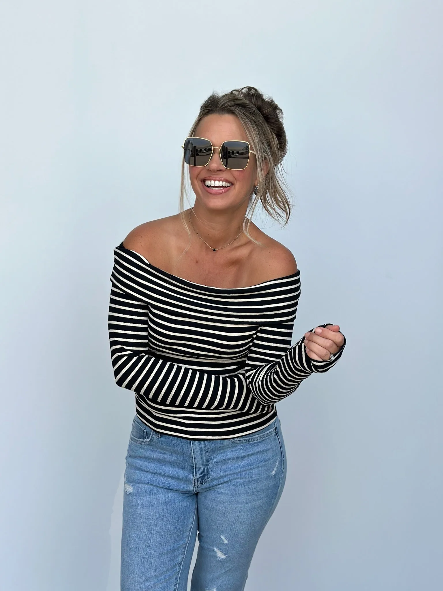 Stripe Ribbed Off Shoulder Top