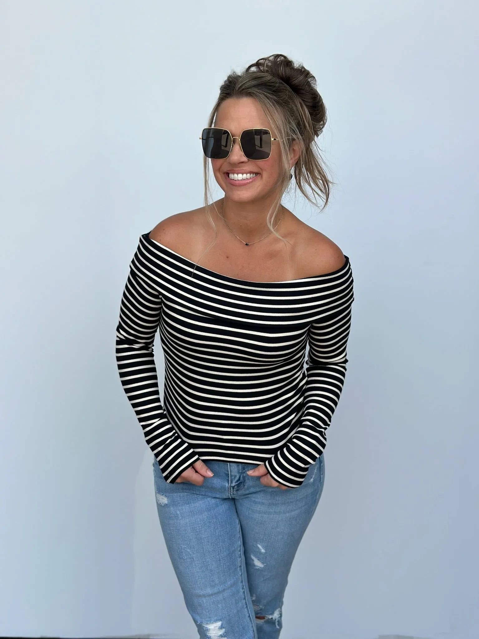 Stripe Ribbed Off Shoulder Top