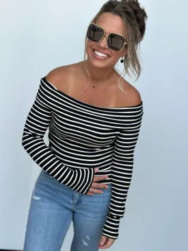 Stripe Ribbed Off Shoulder Top