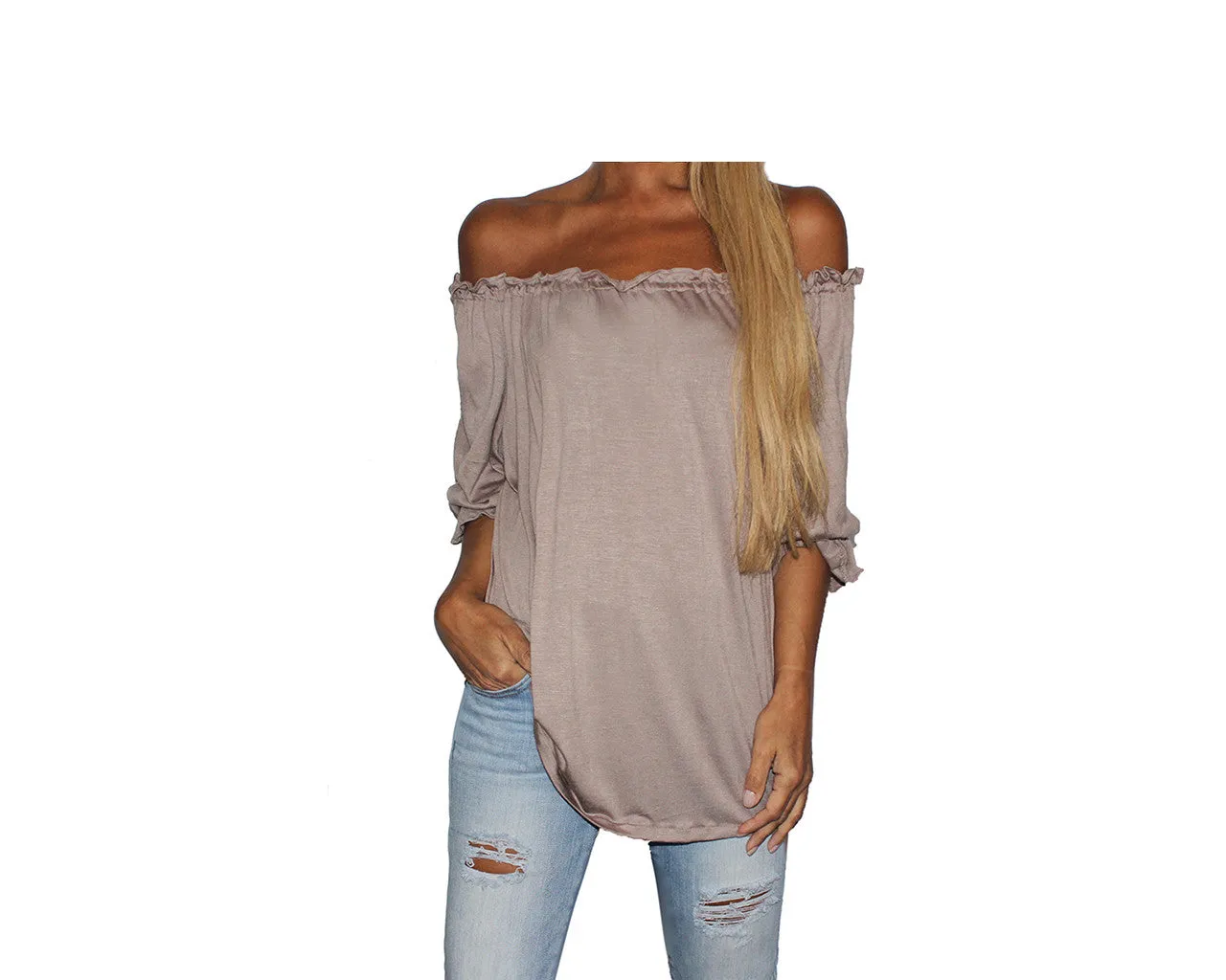 Taupe Off Shoulder Top - The Ibiza