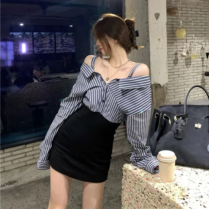 Trend Sheath  Off-The-Shoulder Striped Shirt