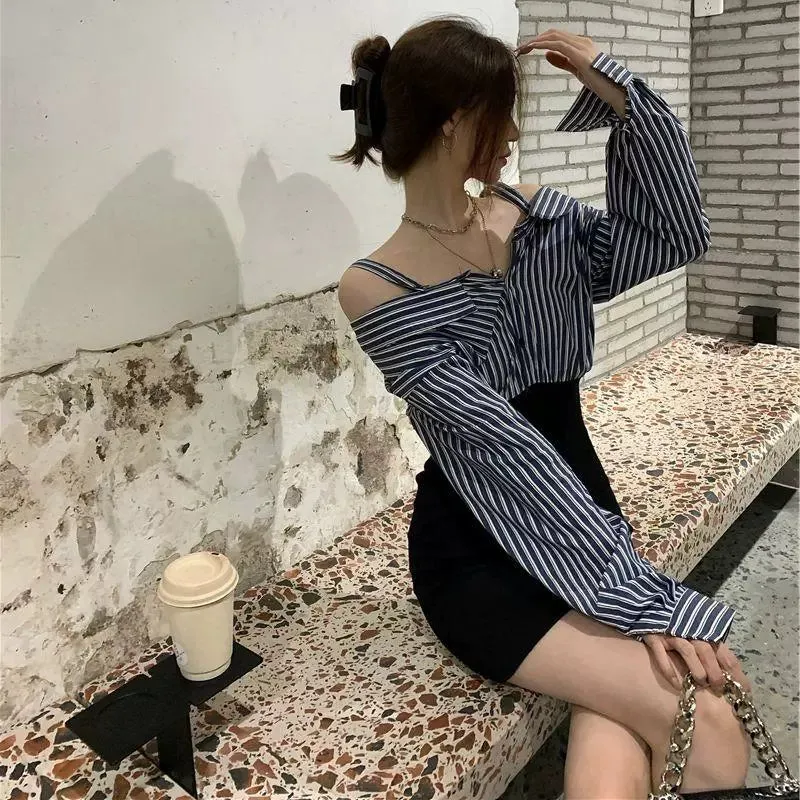 Trend Sheath  Off-The-Shoulder Striped Shirt