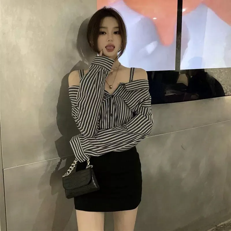 Trend Sheath  Off-The-Shoulder Striped Shirt