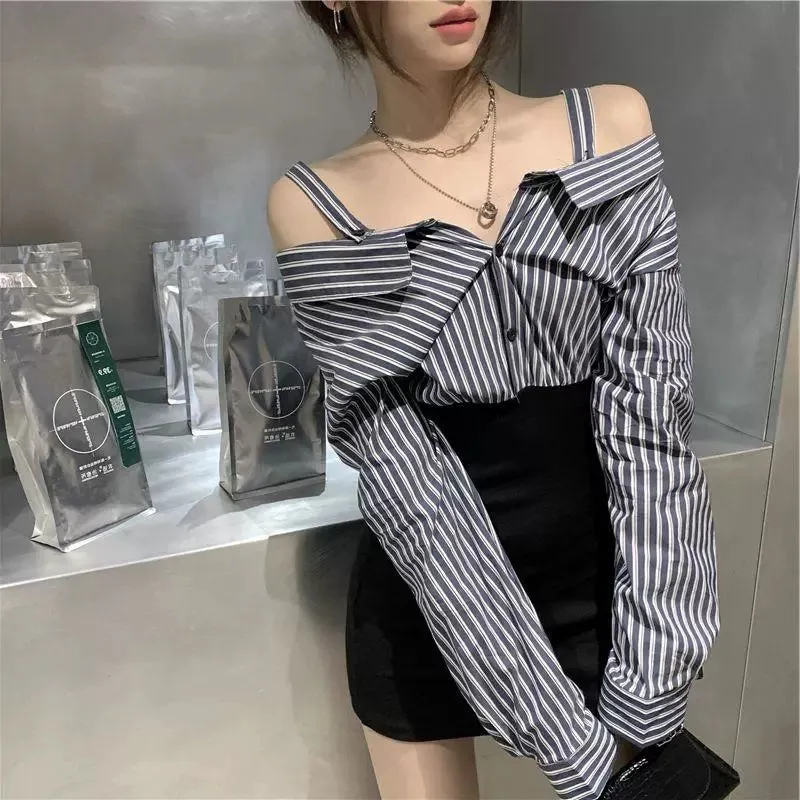 Trend Sheath  Off-The-Shoulder Striped Shirt